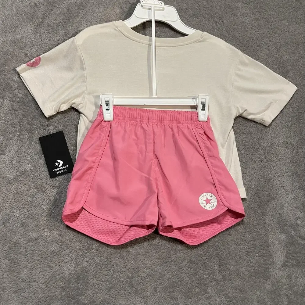 Converse Shirt Shorts Set Girls 6X Cream Pink All Star Graphic Two Piece Logo